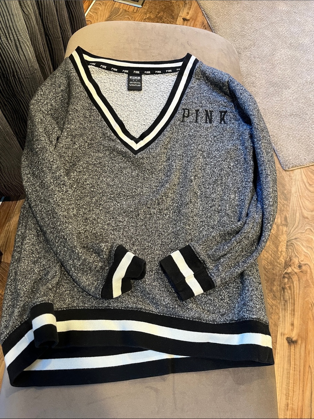 PINK Victoria's Secret Heather Gray V-Neck Sweater with Black & White Trim